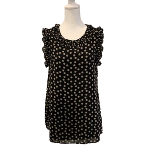 Max Studio Black & grey polka dot pattern w/ruffled collar, & cap sleeve, Small